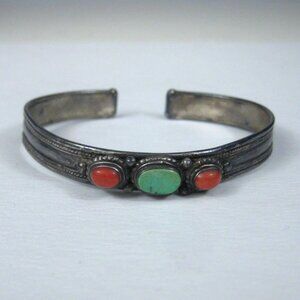 Vintage Silver Cuff Bracelet Green Turquoise Coral Stone Cabochons Gemstone